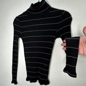 Vince Casual Black With Tan Stripe Ribbed Knit Turtleneck Long Sleeve Sweater XS